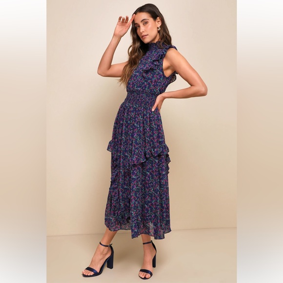 Lulus Dresses & Skirts - Lulus Evalina Navy Blue Floral Print Mock Neck Midi Dress